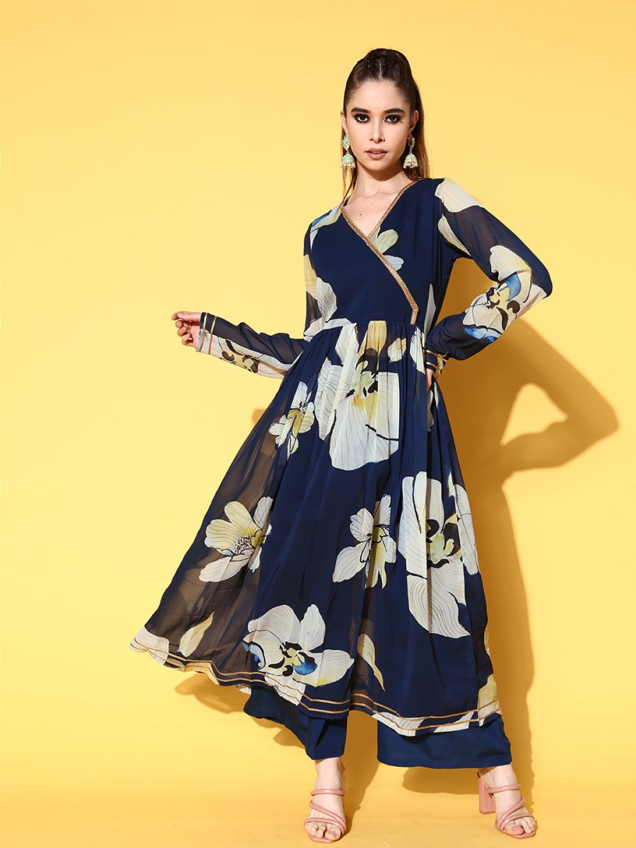 Ahalyaa Women Floral Printed Navy Blue Angrakha Kurta with Palazzos