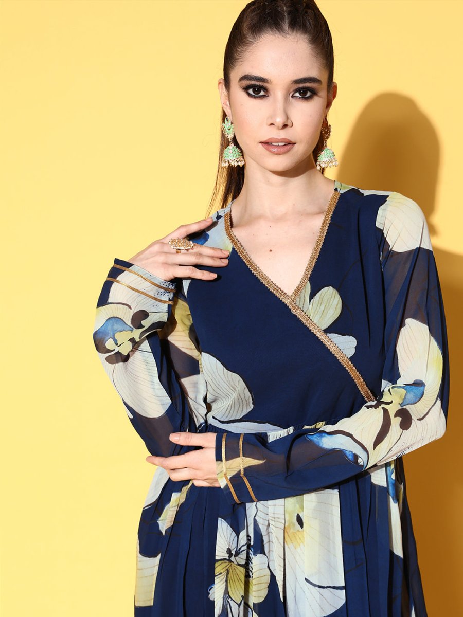 Ahalyaa Women Floral Printed Navy Blue Angrakha Kurta with Palazzos