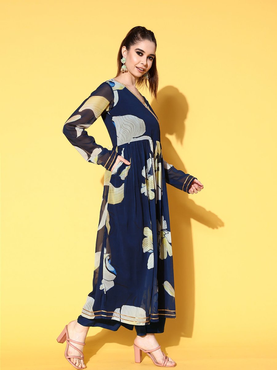 Ahalyaa Women Floral Printed Navy Blue Angrakha Kurta with Palazzos