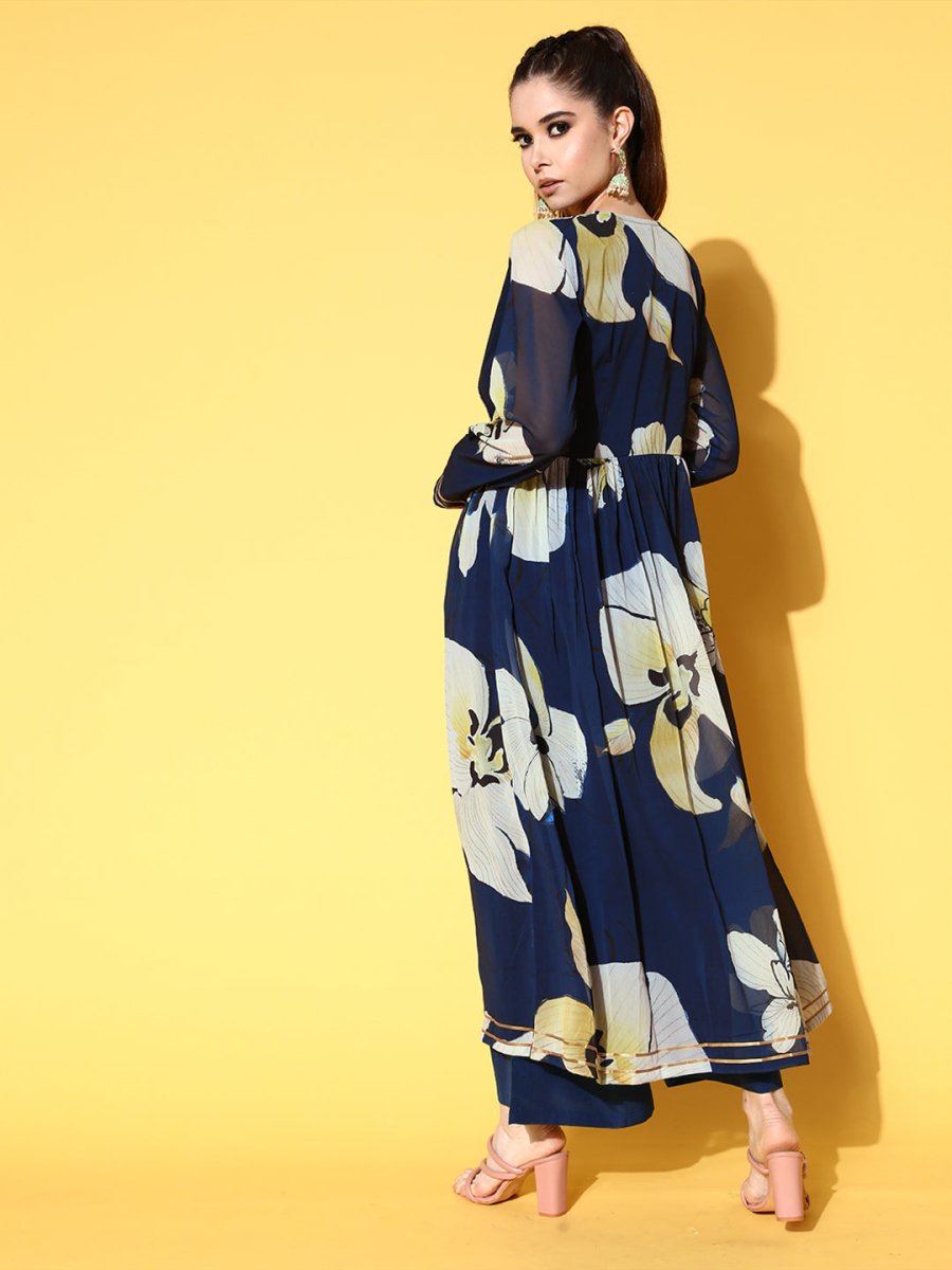 Ahalyaa Women Floral Printed Navy Blue Angrakha Kurta with Palazzos