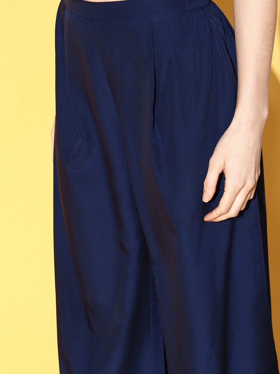 Ahalyaa Women Floral Printed Navy Blue Angrakha Kurta with Palazzos