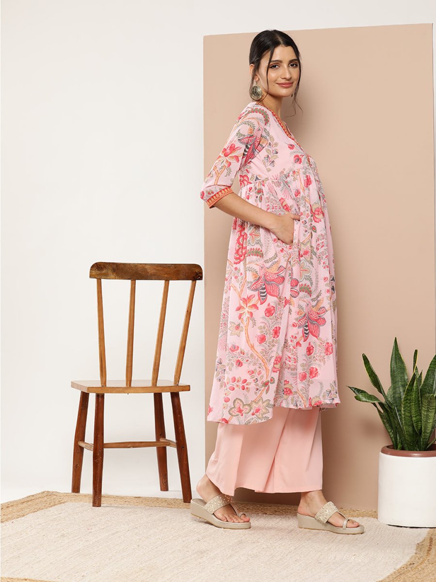 Ahalyaa Women Floral Printed Pleated Kurta With Palazzos