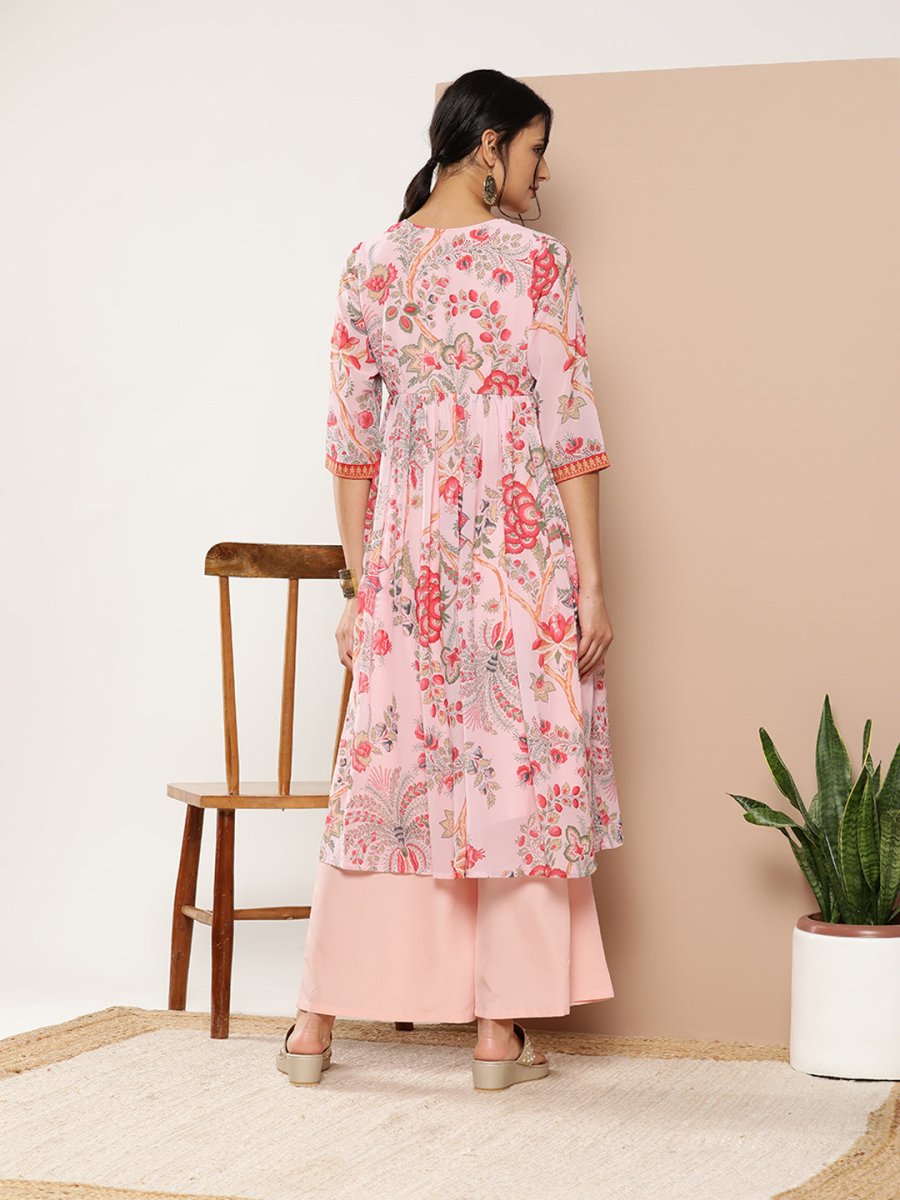 Ahalyaa Women Floral Printed Pleated Kurta With Palazzos