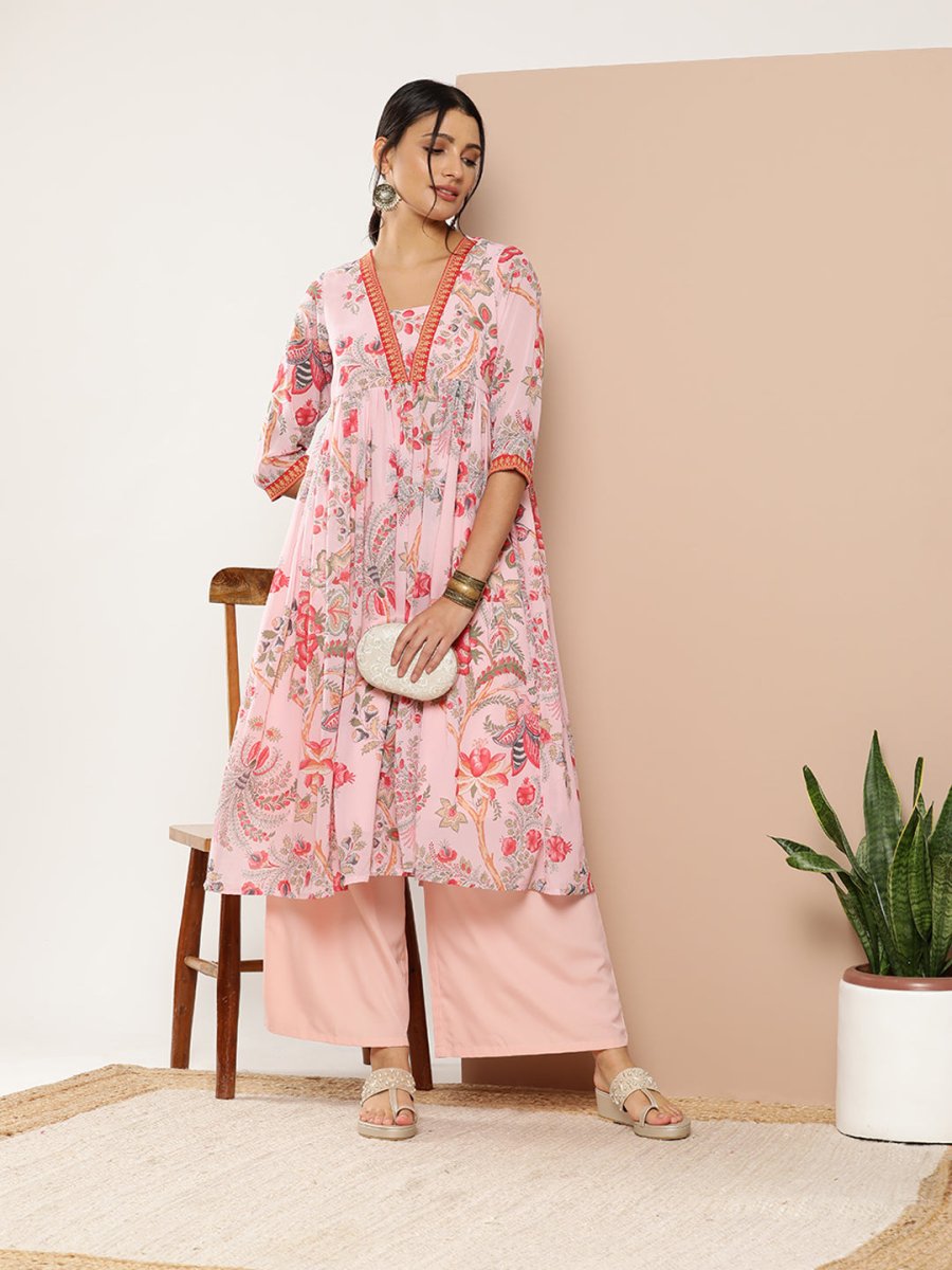 Ahalyaa Women Floral Printed Pleated Kurta With Palazzos