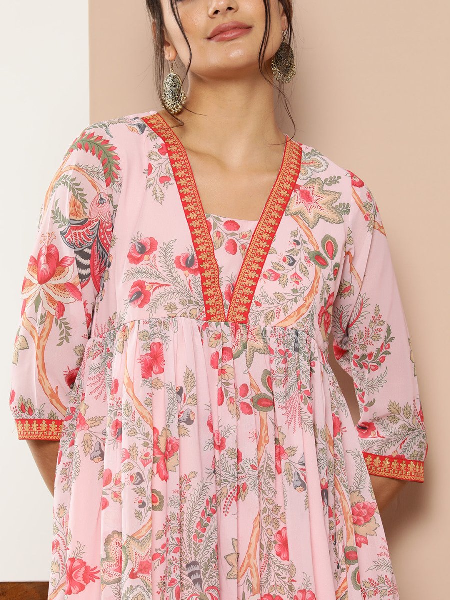 Ahalyaa Women Floral Printed Pleated Kurta With Palazzos