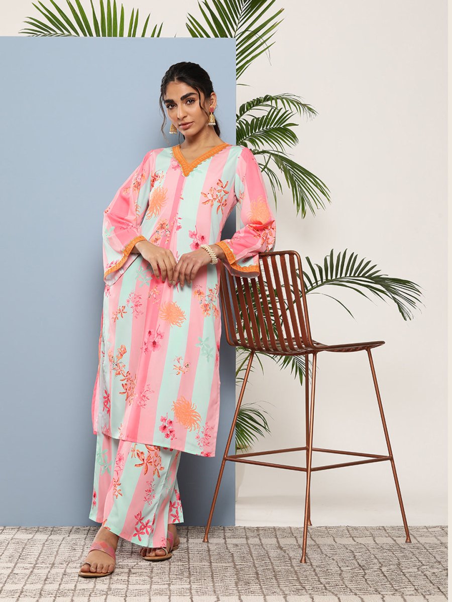 Ahalyaa Women Pink Floral Printed Pleated Gotta Patti Kurta with Palazzos