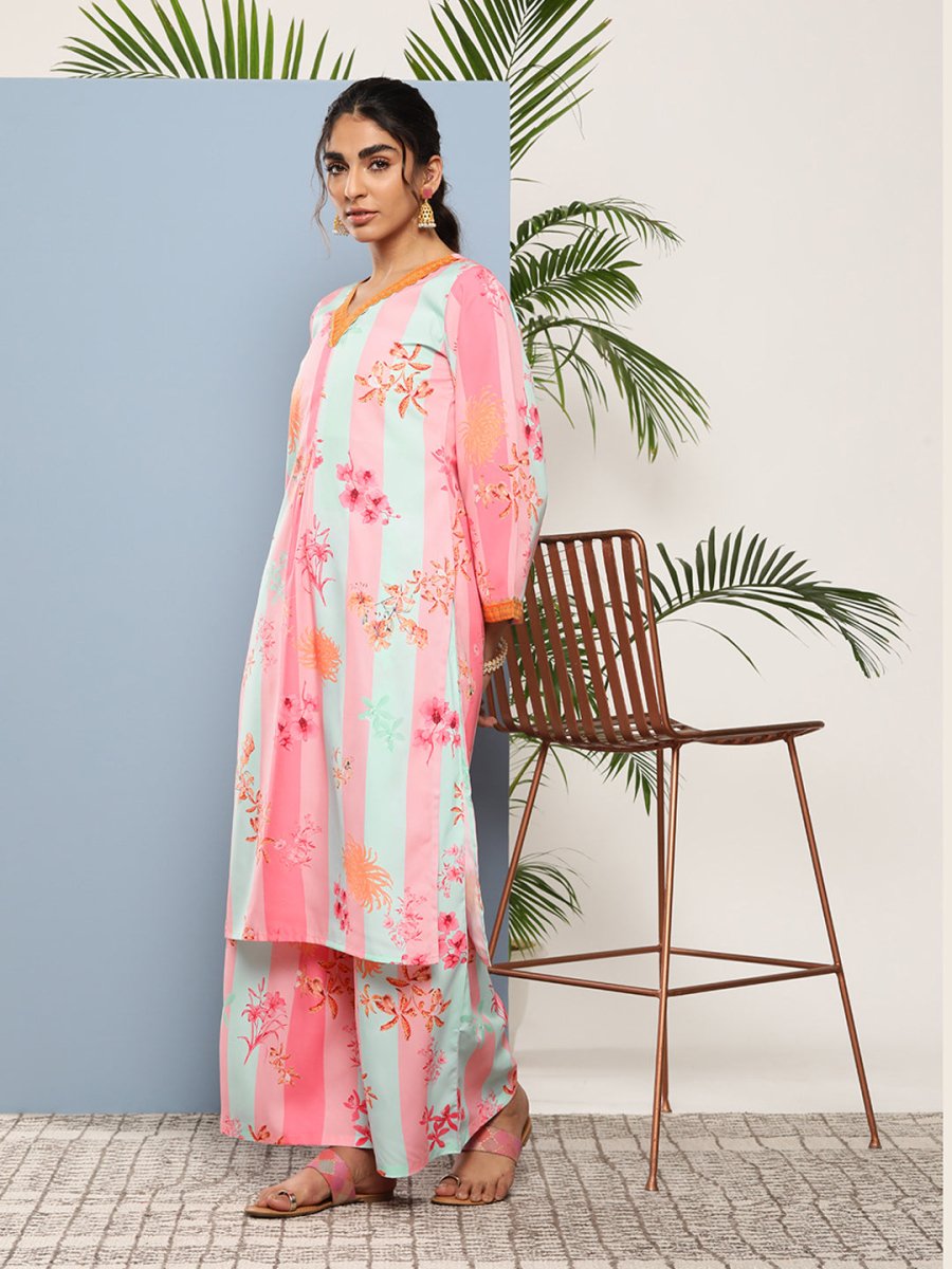 Ahalyaa Women Pink Floral Printed Pleated Gotta Patti Kurta with Palazzos