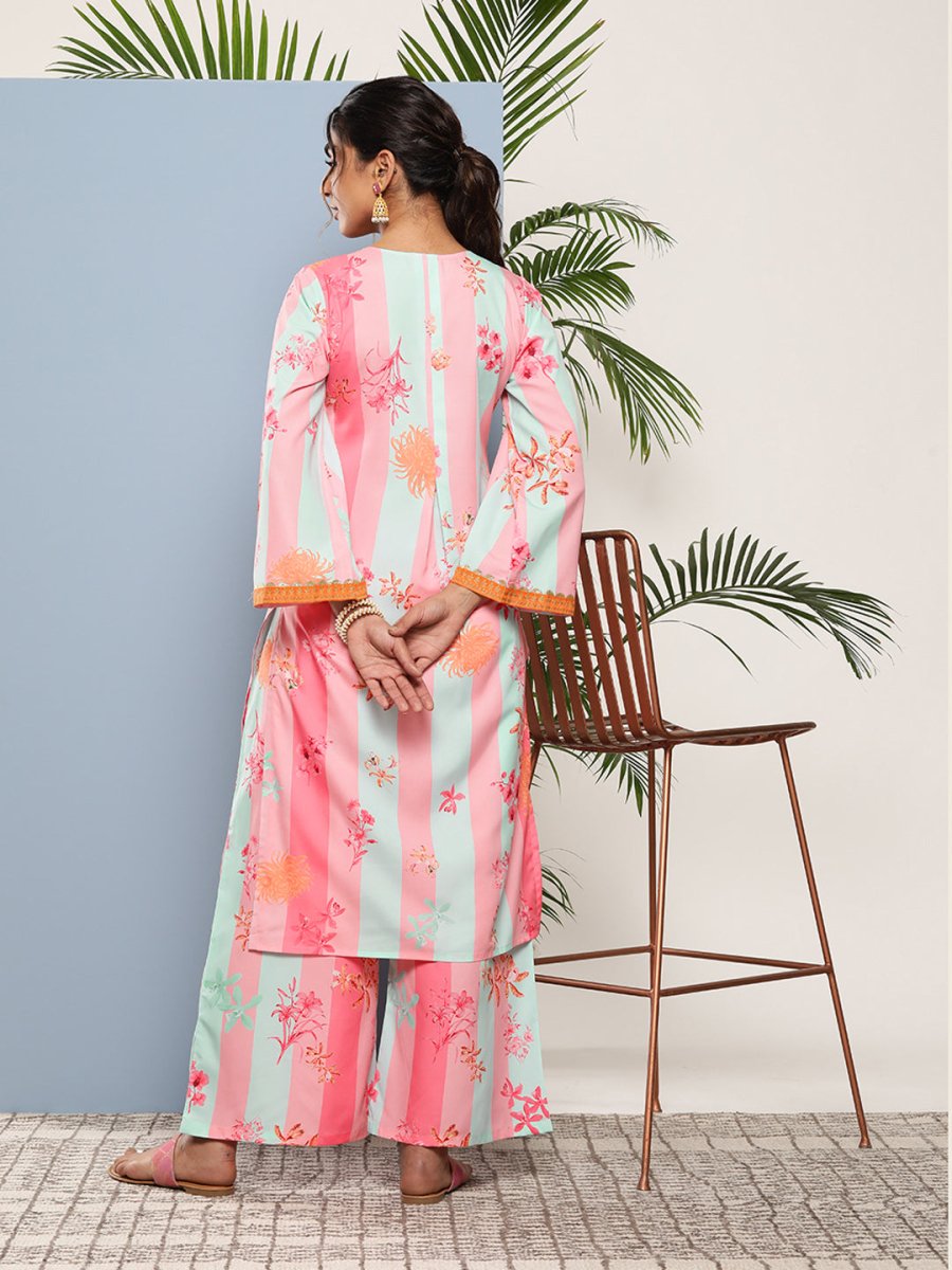 Ahalyaa Women Pink Floral Printed Pleated Gotta Patti Kurta with Palazzos