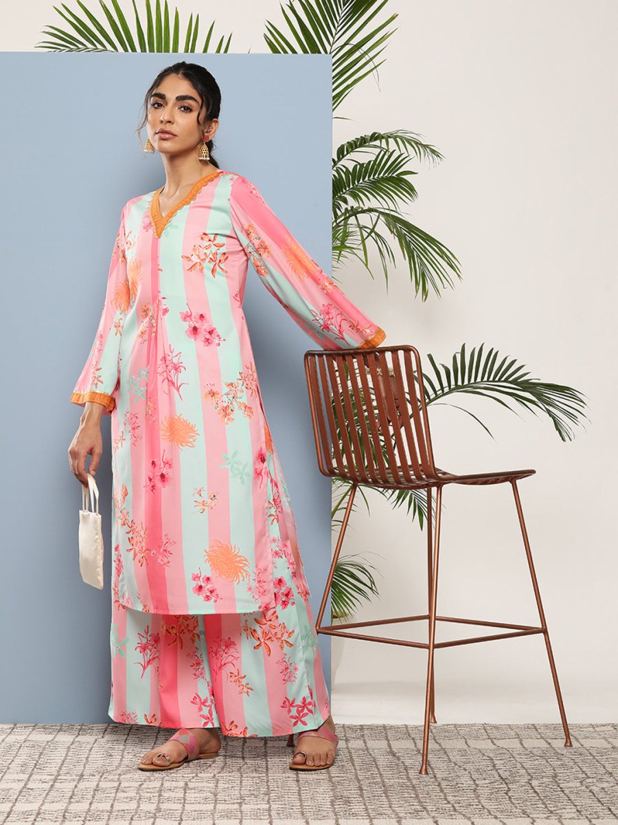 Ahalyaa Women Pink Floral Printed Pleated Gotta Patti Kurta with Palazzos