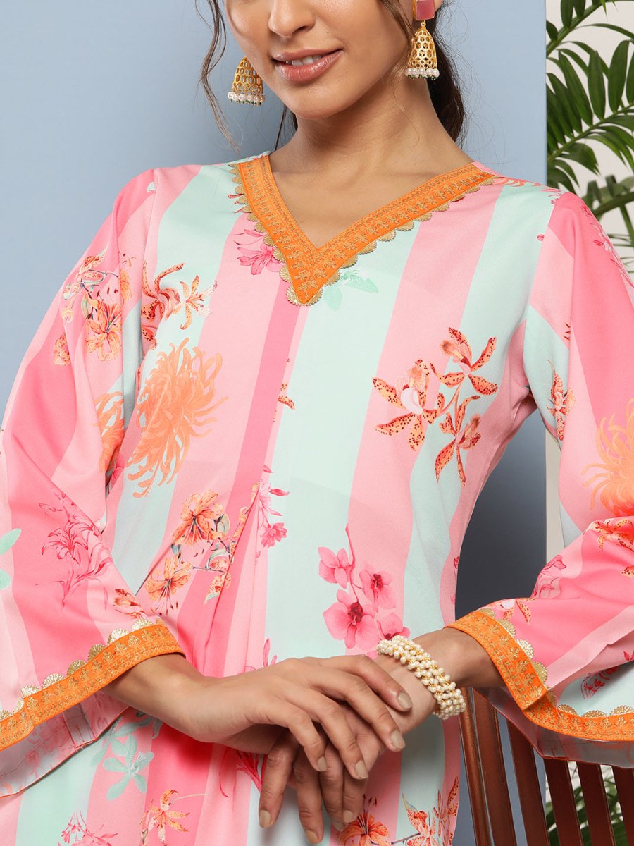 Ahalyaa Women Pink Floral Printed Pleated Gotta Patti Kurta with Palazzos