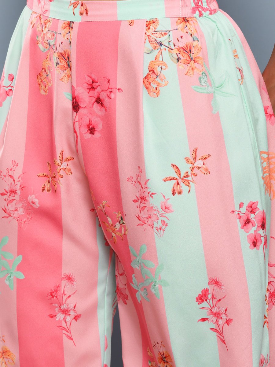 Ahalyaa Women Pink Floral Printed Pleated Gotta Patti Kurta with Palazzos