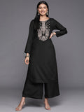 Ahalyaa Women Black Embroidered Aari Work Pashmina Kurta With Palazzos