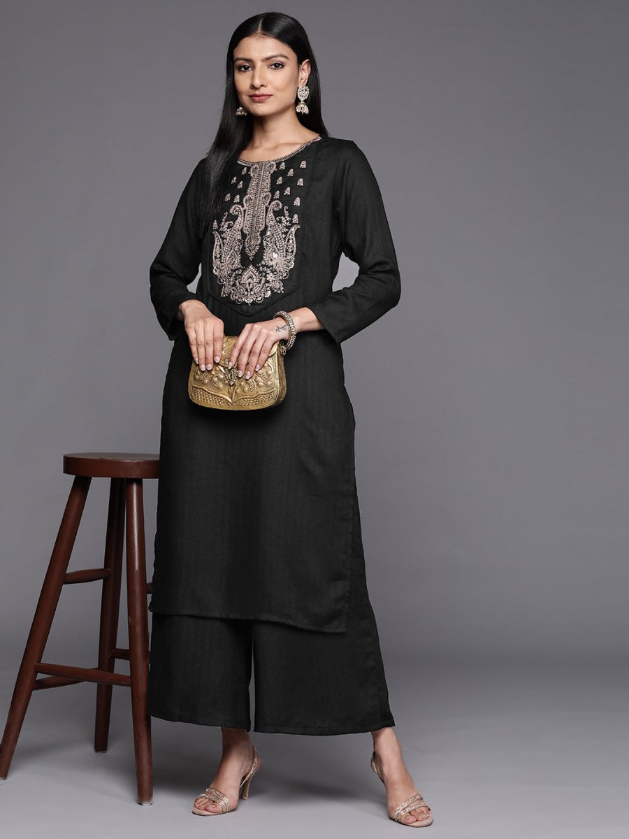 Ahalyaa Women Black Embroidered Aari Work Pashmina Kurta With Palazzos