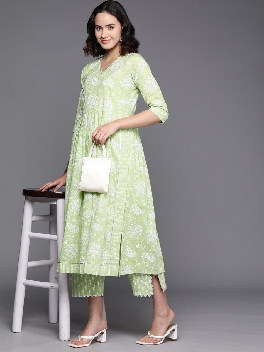 Ahalyaa Floral Printed High Slit Gotta Patti Pure Cotton Kurta With Trousers