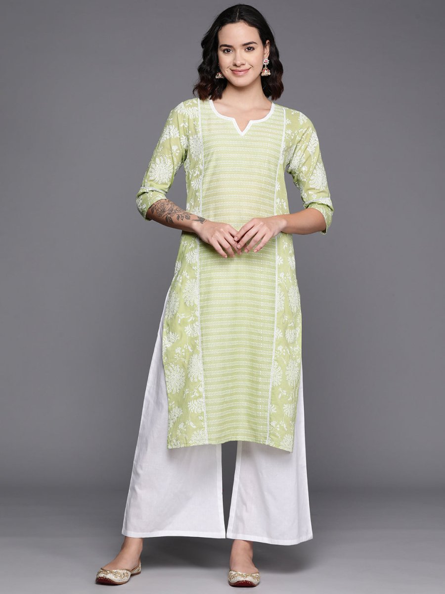 Ahalyaa Floral Printed Panelled Sweetheart Neck Pure Cotton Kurta With Palazzos