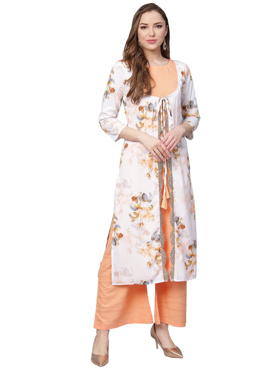 Ahalyaa White & Peach Floral Jacket Style Kurta With Plazzo
