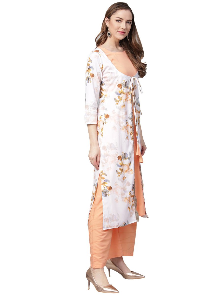Ahalyaa White & Peach Floral Jacket Style Kurta With Plazzo