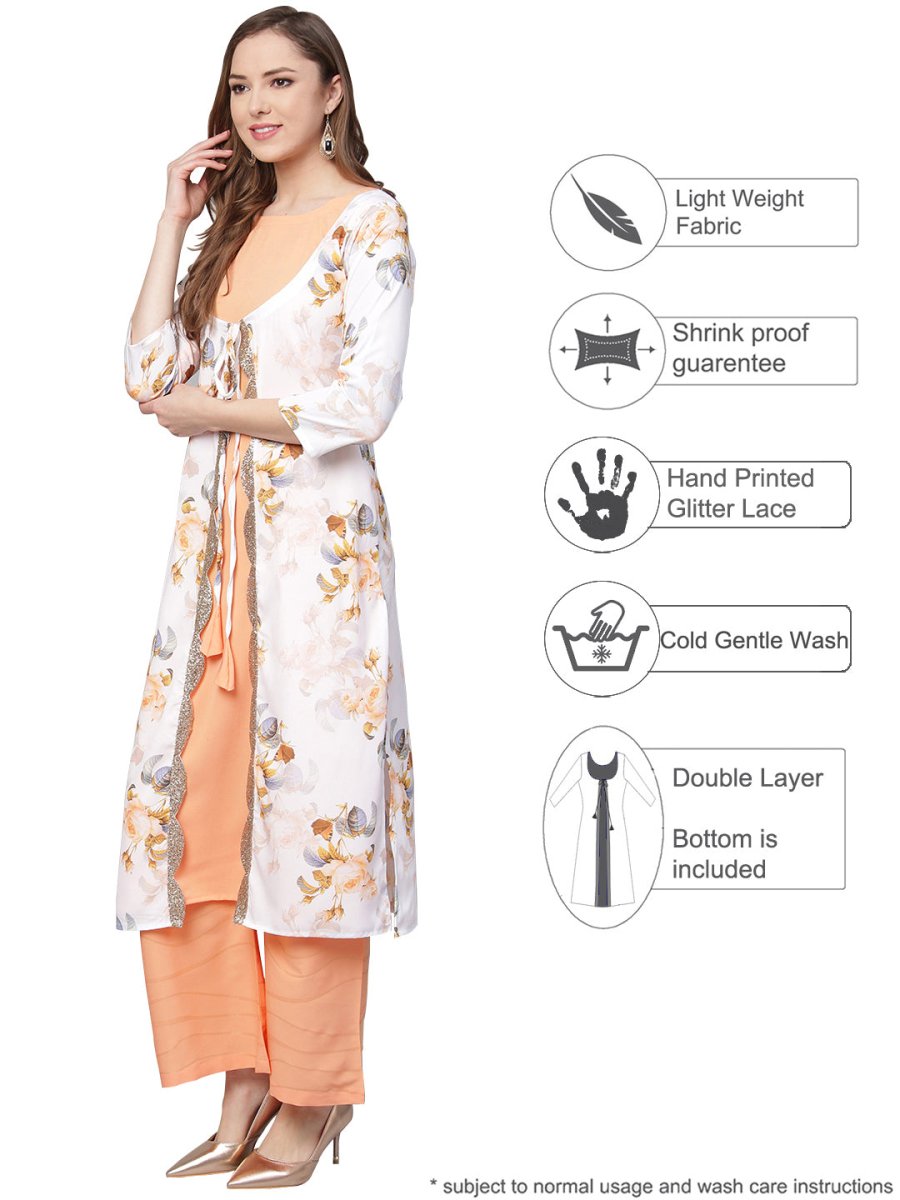 Ahalyaa White & Peach Floral Jacket Style Kurta With Plazzo