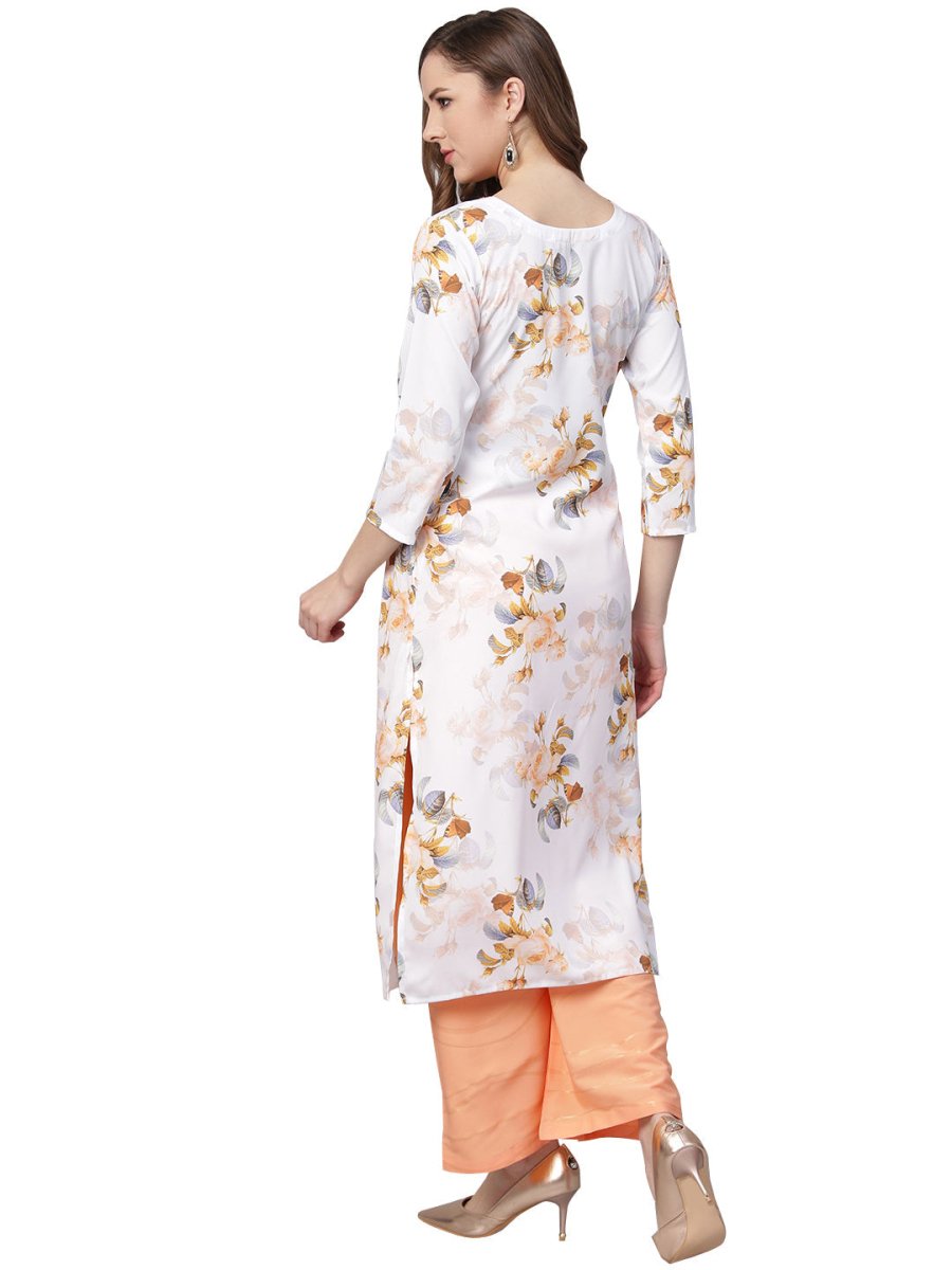Ahalyaa White & Peach Floral Jacket Style Kurta With Plazzo