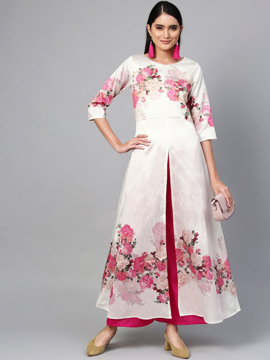 Ahalyaa Off-White & Pink Printed Kurta with Palazzo