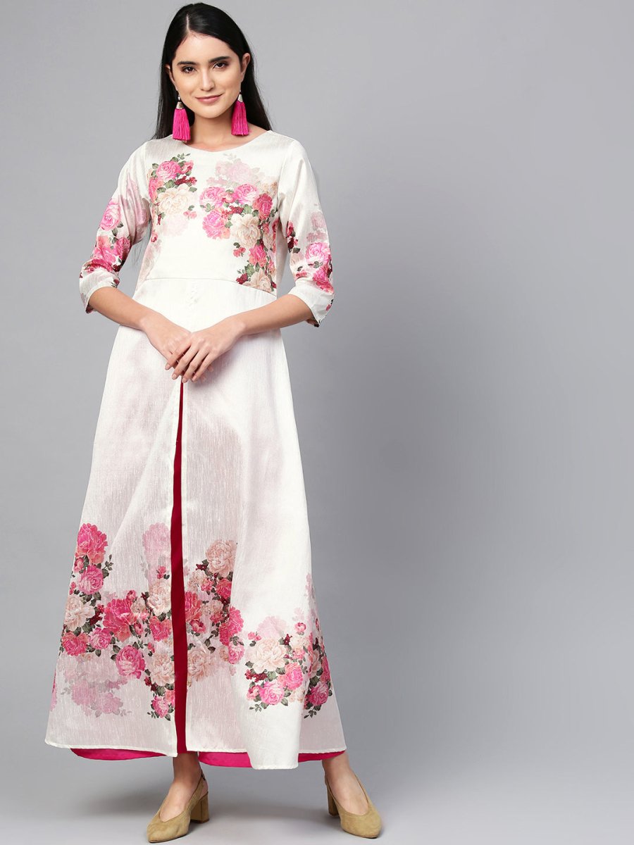 Ahalyaa Off-White & Pink Printed Kurta with Palazzo