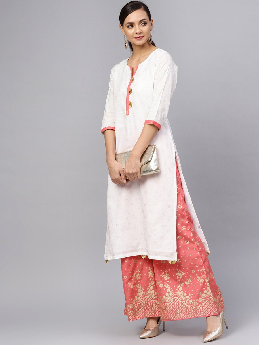 Ahalyaa White and Gold Printed Straight Kurta Set