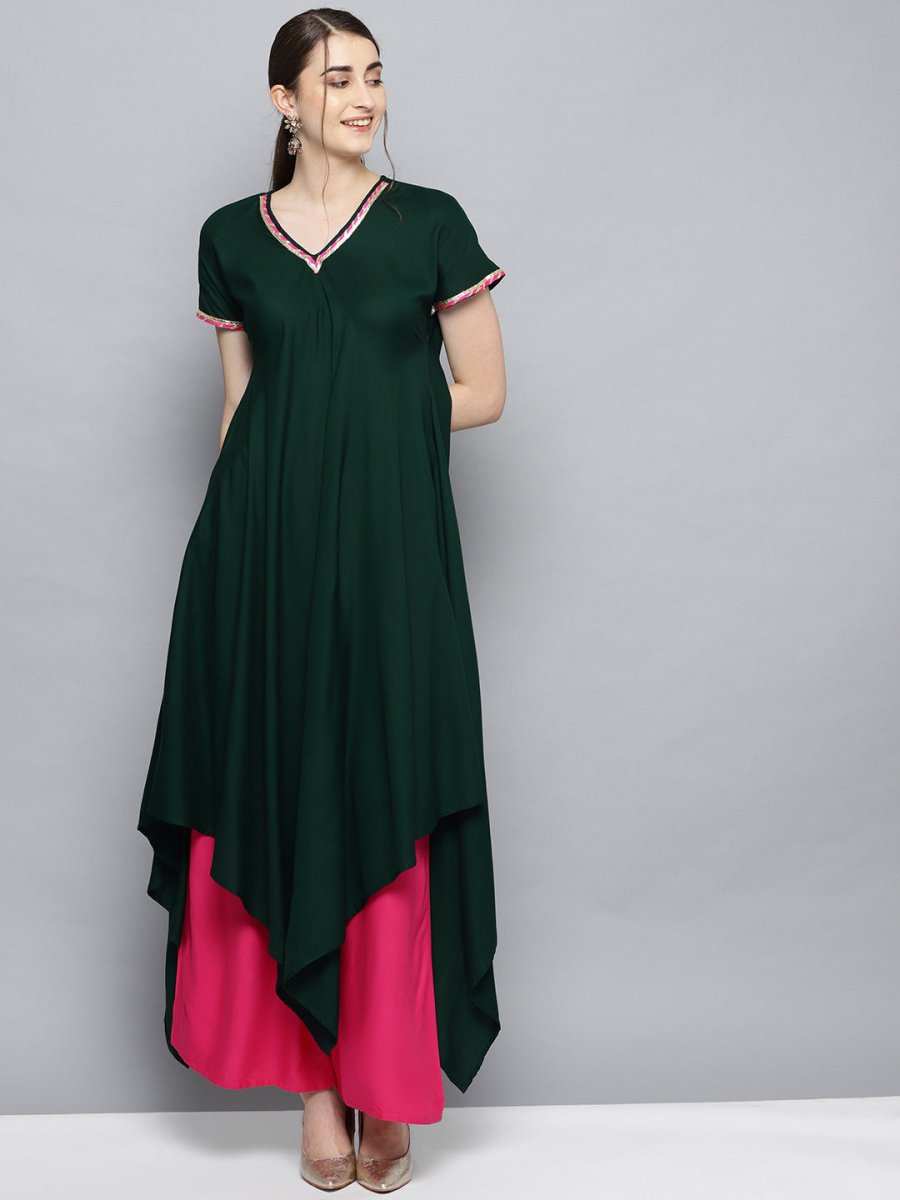 Ahalyaa Dark Green Solid Kimono Rayon Kurta Set For Women