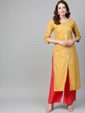 Ahalyaa Mustard Yellow & Coral Red Printed Kurta with Palazzo