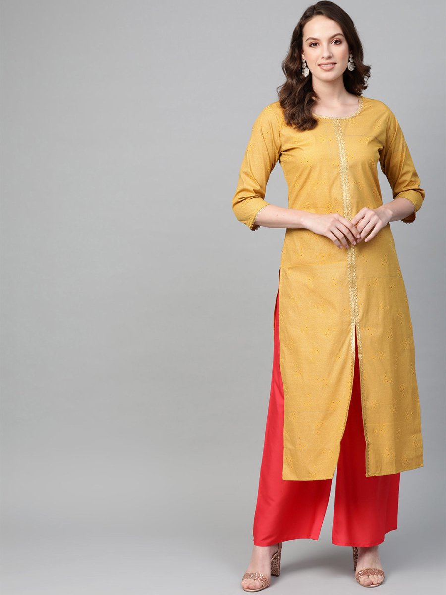 Ahalyaa Mustard Yellow & Coral Red Printed Kurta with Palazzo