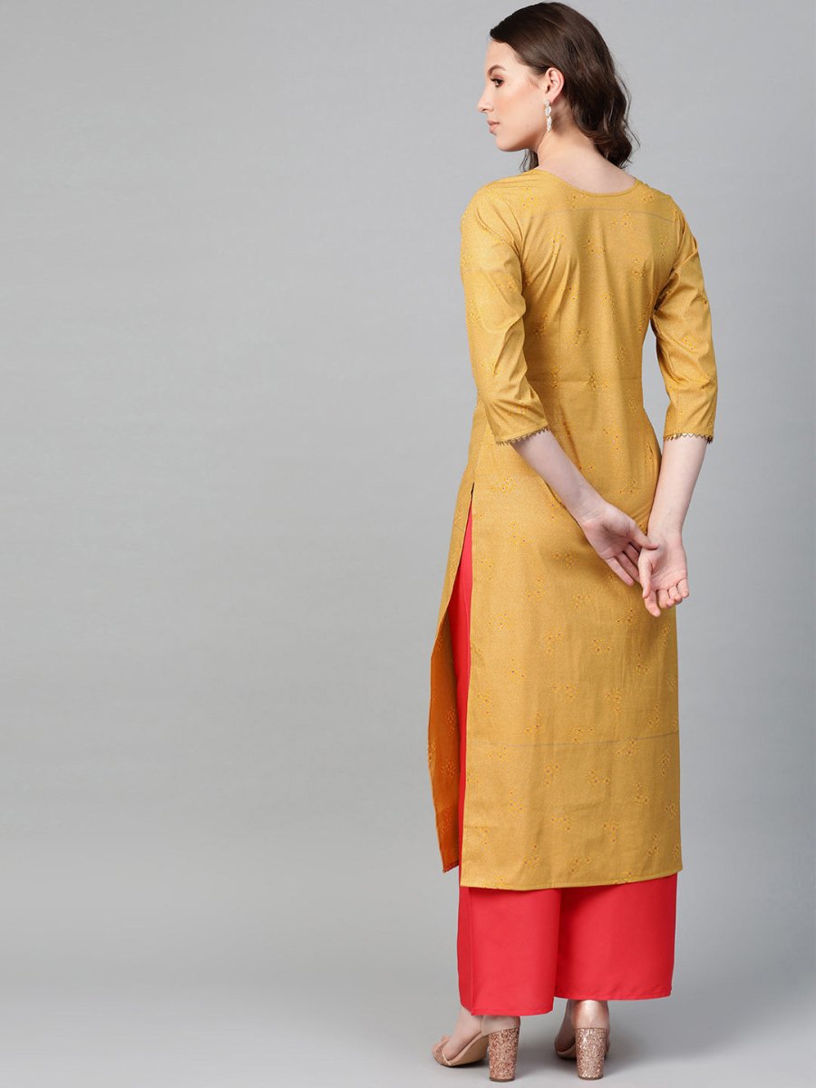 Ahalyaa Mustard Yellow & Coral Red Printed Kurta with Palazzo