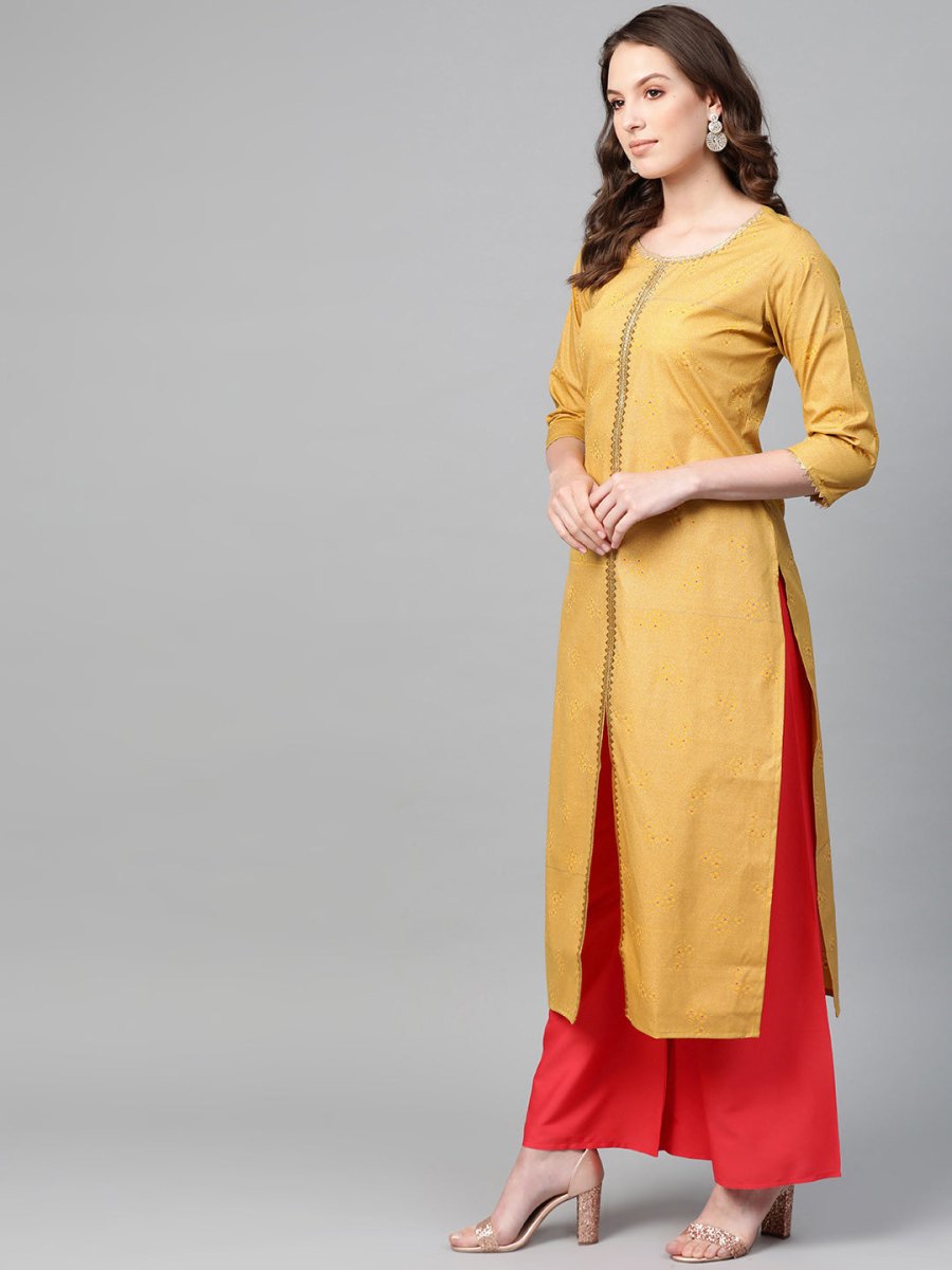 Ahalyaa Mustard Yellow & Coral Red Printed Kurta with Palazzo