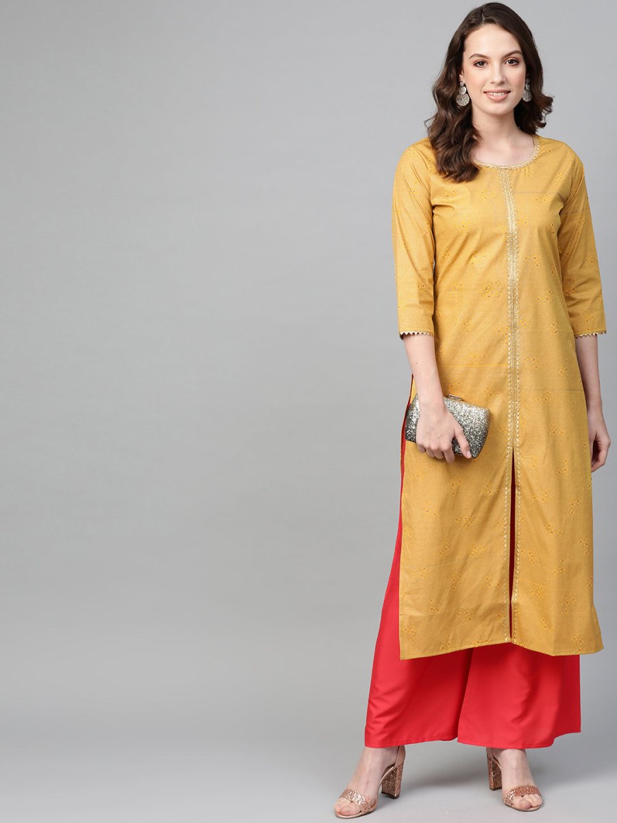 Ahalyaa Mustard Yellow & Coral Red Printed Kurta with Palazzo