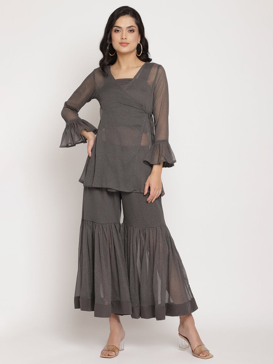 Ahalyaa Women Charcoal Grey Angrakha Kurta With Inner & Sharara