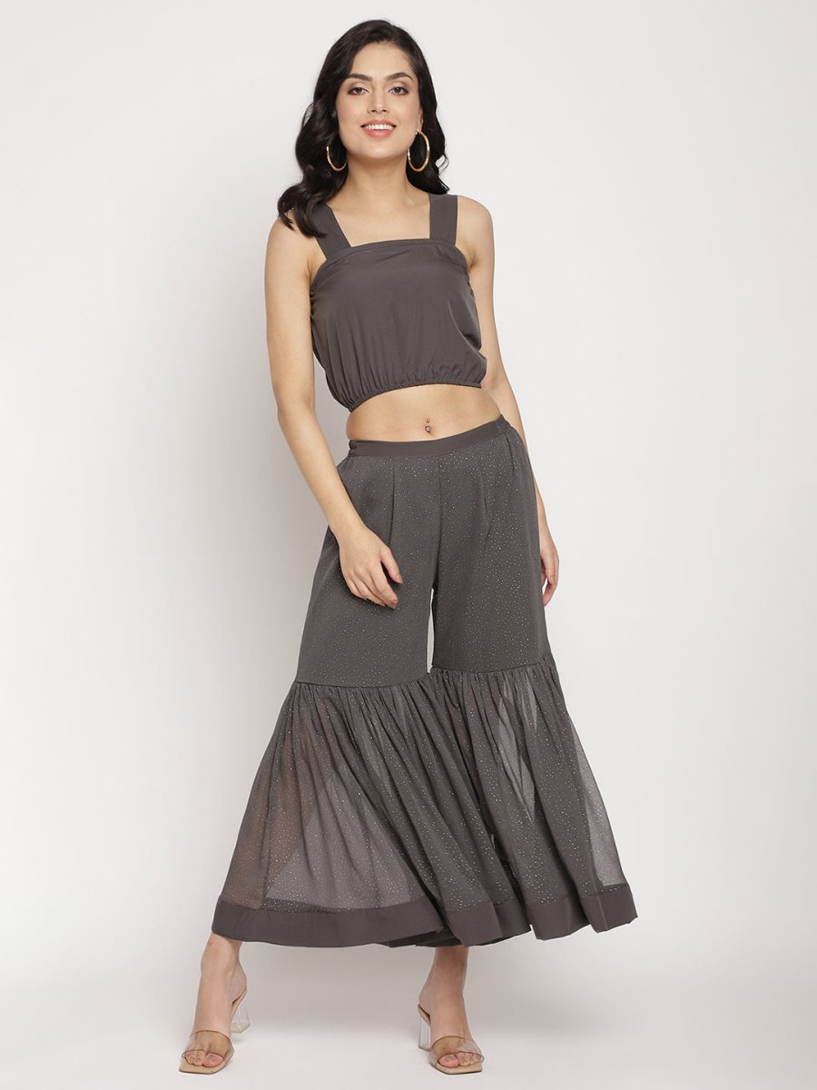 Ahalyaa Women Charcoal Grey Angrakha Kurta With Inner & Sharara