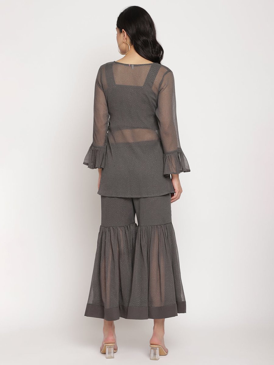 Ahalyaa Women Charcoal Grey Angrakha Kurta With Inner & Sharara