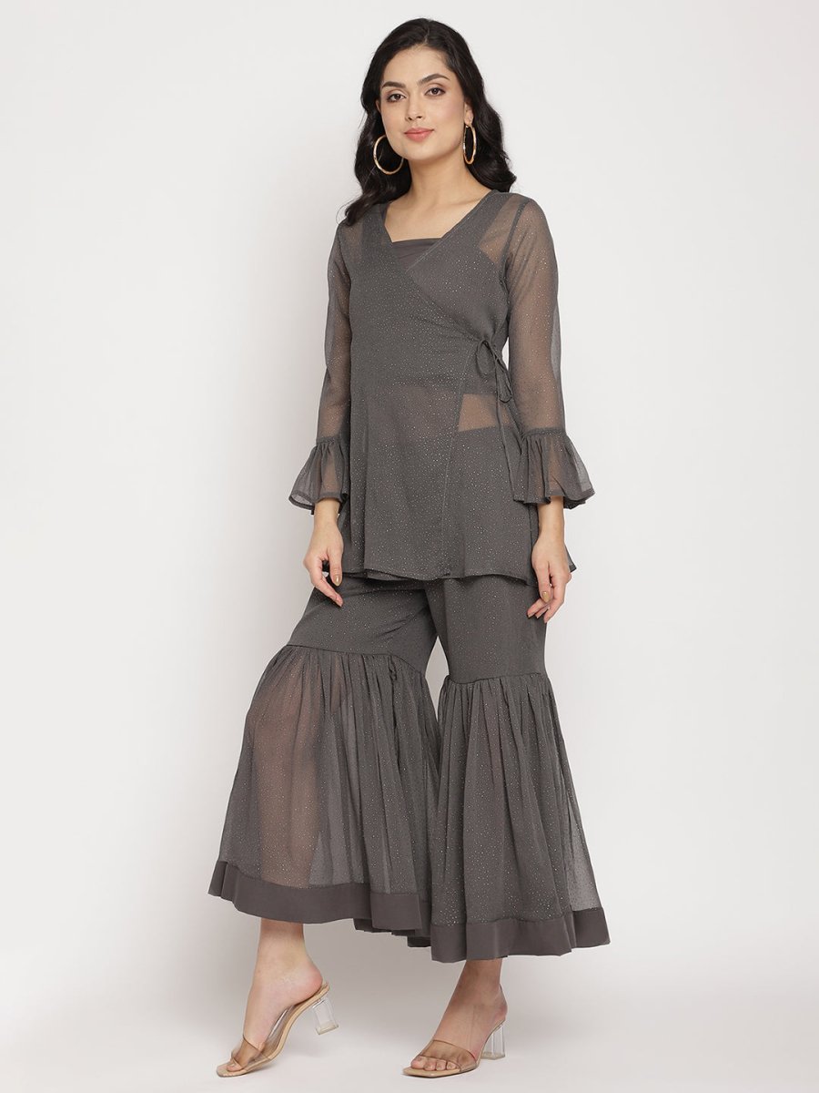 Ahalyaa Women Charcoal Grey Angrakha Kurta With Inner & Sharara