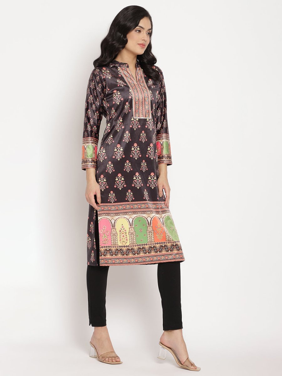 Ahalyaa Women's Black Color Digital Print Velvet Kurta