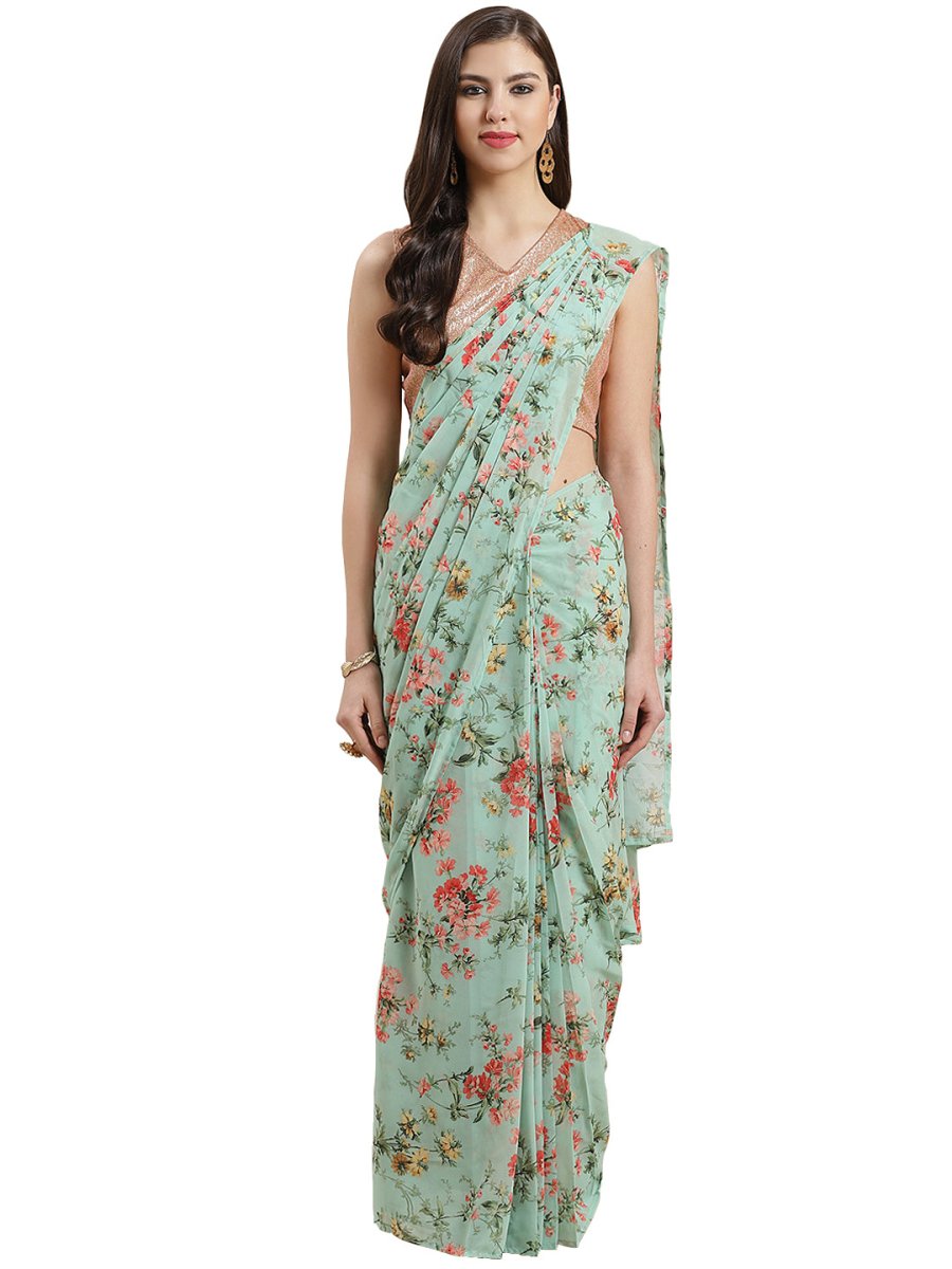 Ahalyaa Green & Peach Colored Printed Bagh Ready to Wear Saree Set