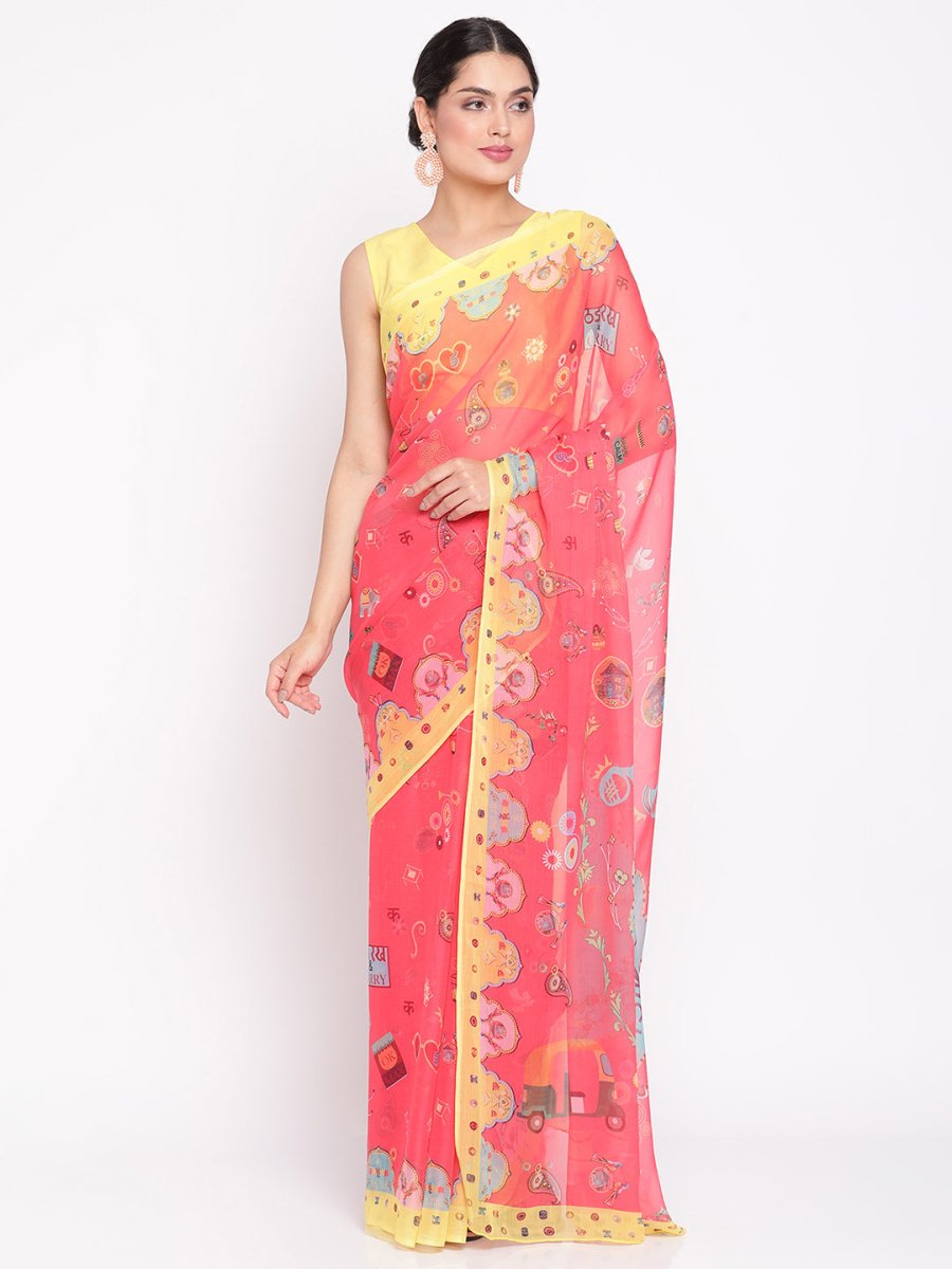Ahalyaa Women's Red Colour Chiffon Digital Print Saree