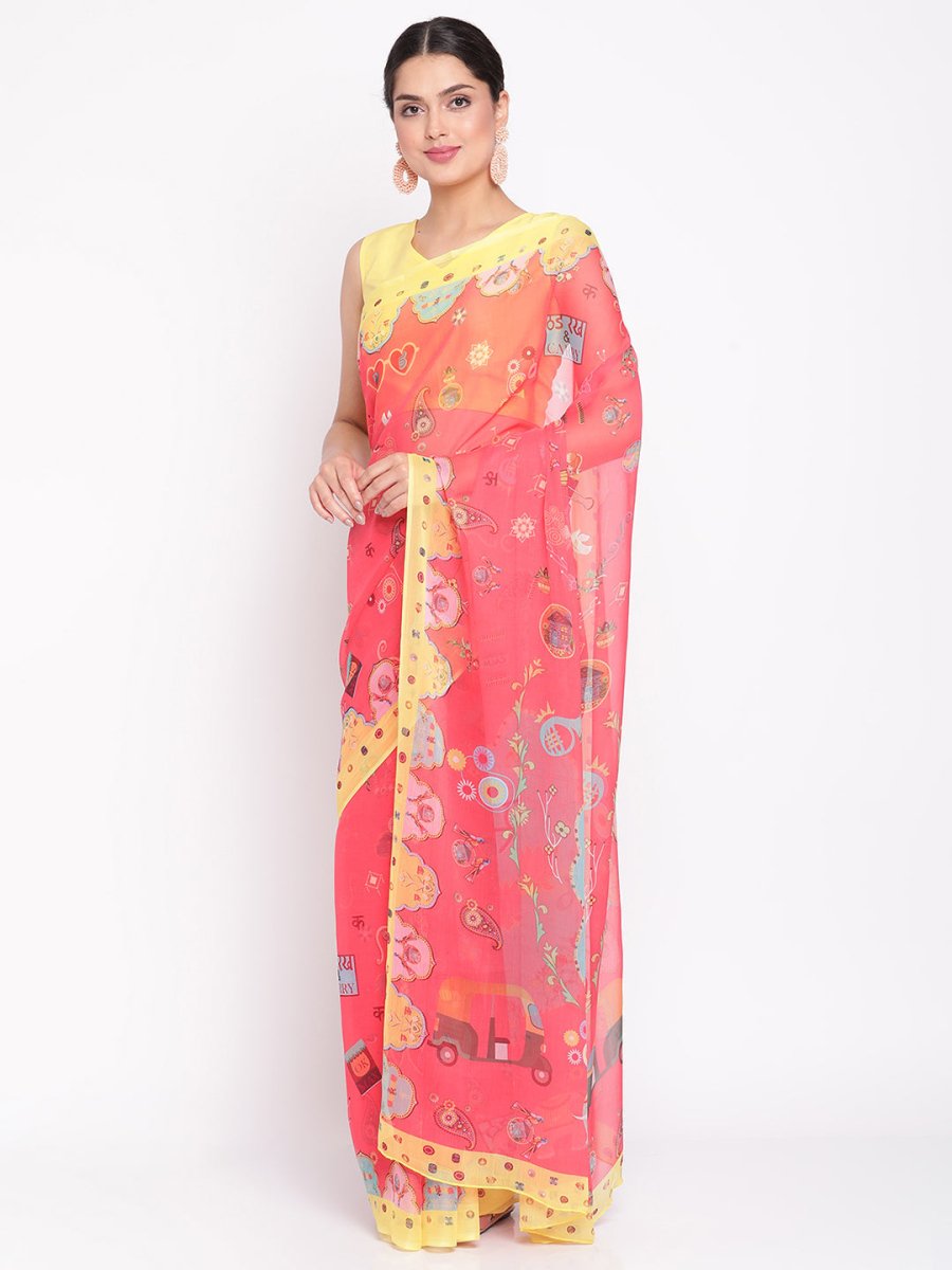 Ahalyaa Women's Red Colour Chiffon Digital Print Saree