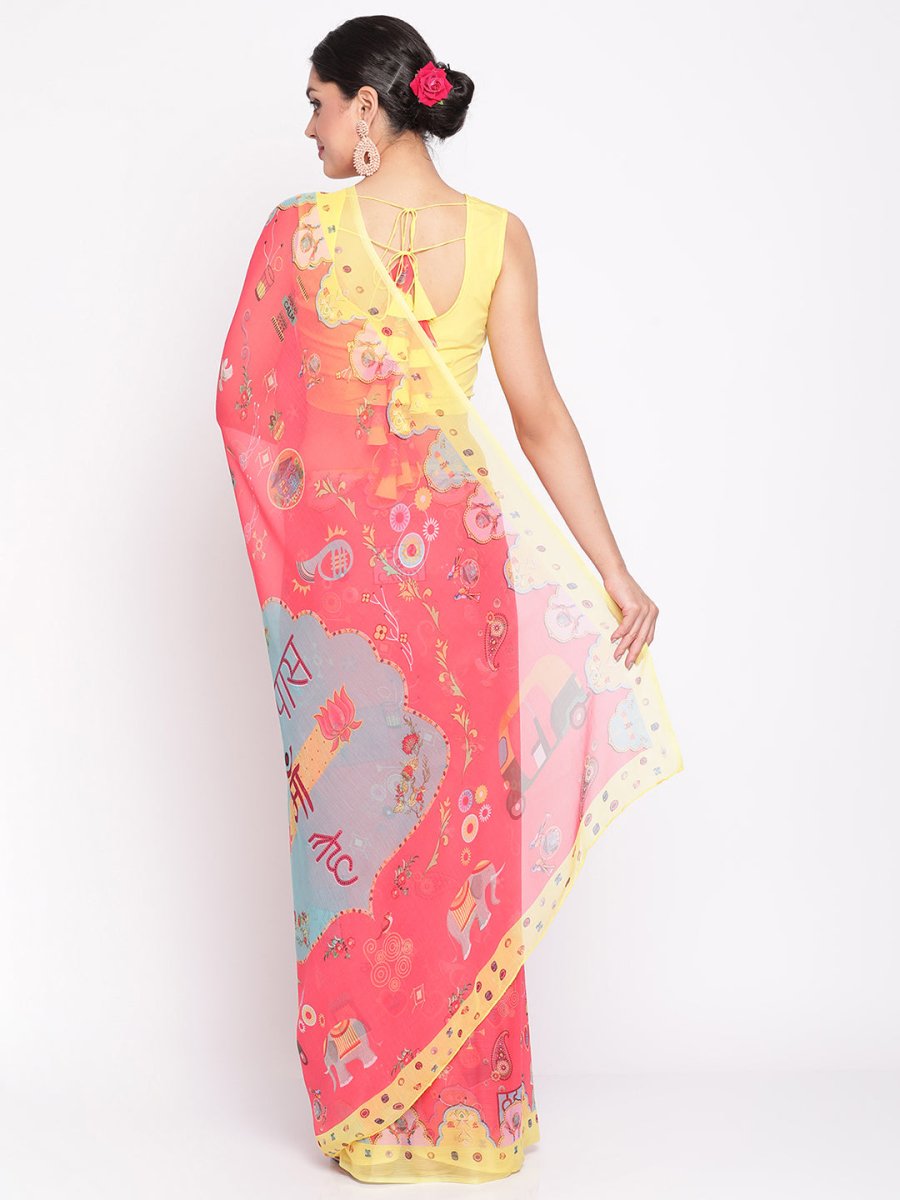 Ahalyaa Women's Red Colour Chiffon Digital Print Saree