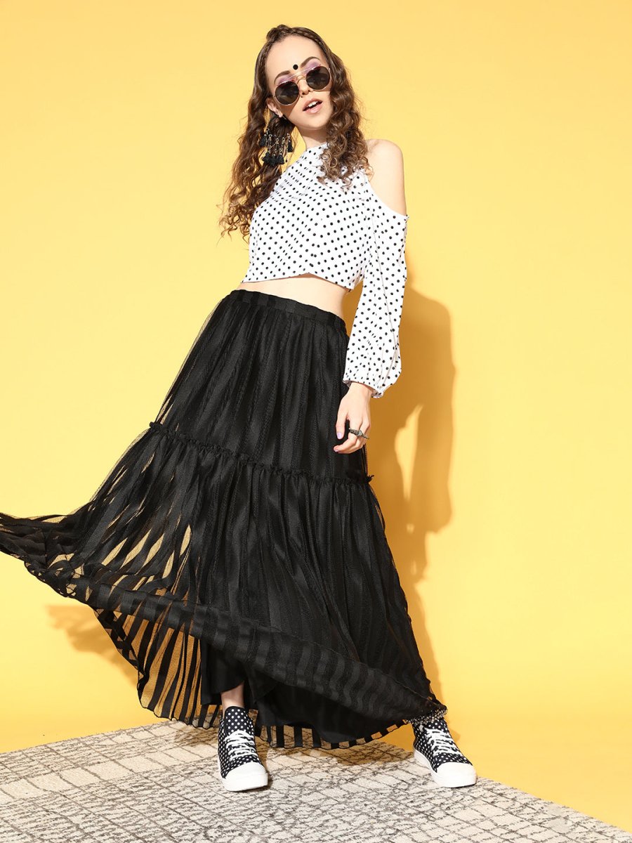Ahalyaa Women White & Black Printed Top & Skirt