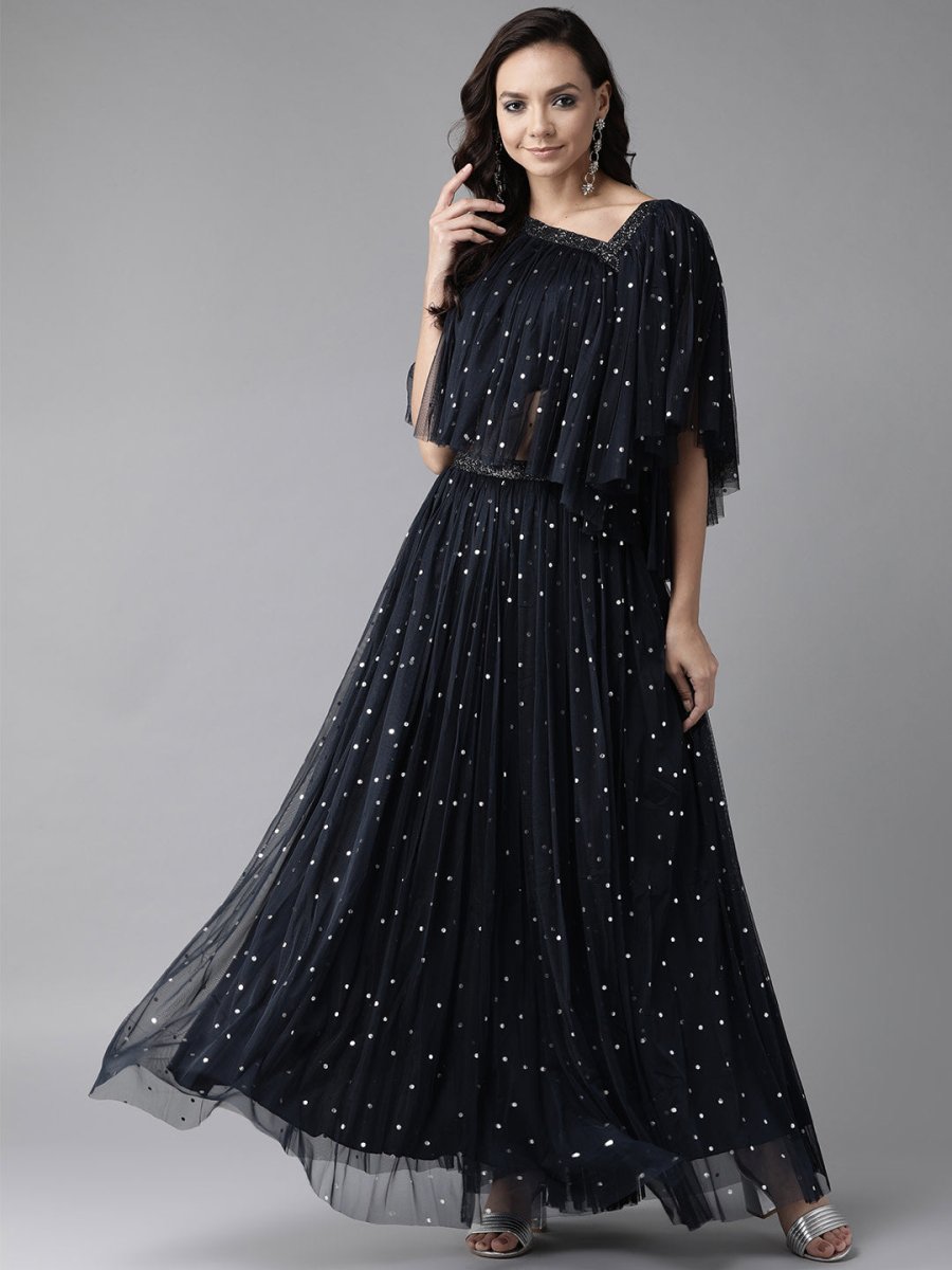 Ahalyaa Navy Blue & Silver Foil Print Layered Top with Skirt