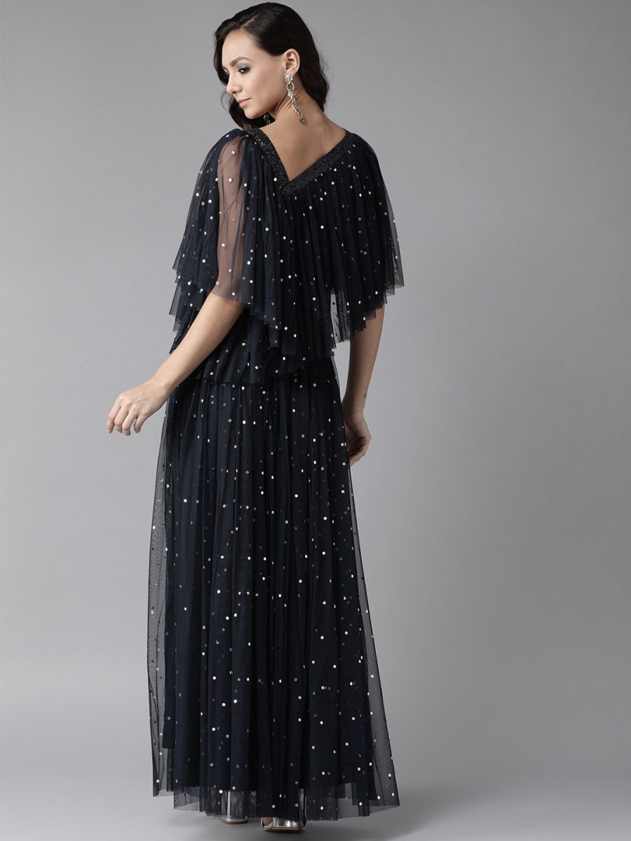 Ahalyaa Navy Blue & Silver Foil Print Layered Top with Skirt