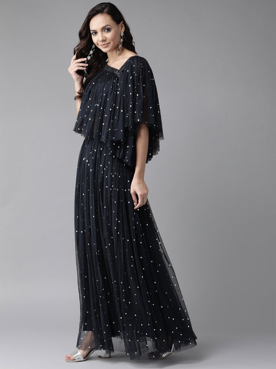 Ahalyaa Navy Blue & Silver Foil Print Layered Top with Skirt
