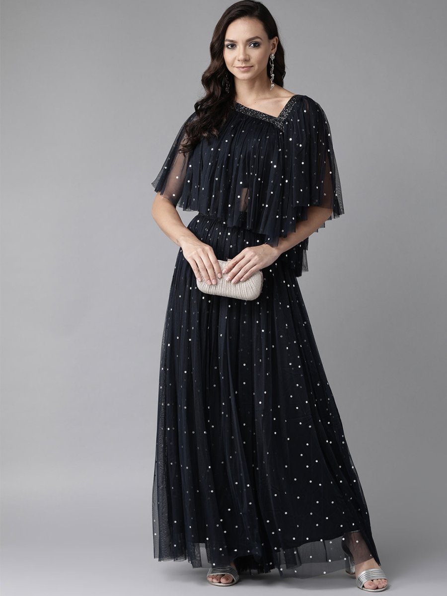 Ahalyaa Navy Blue & Silver Foil Print Layered Top with Skirt