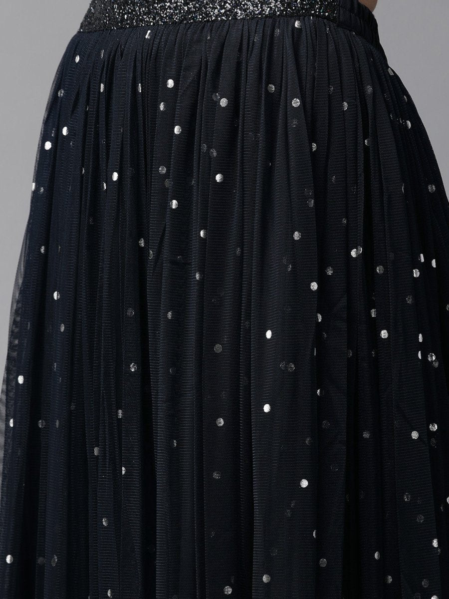 Ahalyaa Navy Blue & Silver Foil Print Layered Top with Skirt
