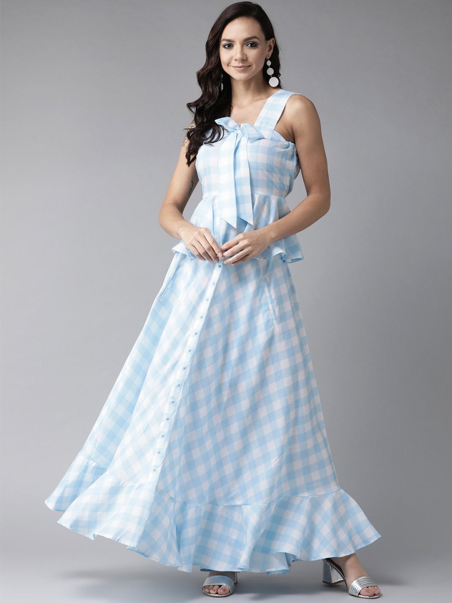 Ahalyaa Women Blue & White Checked Peplum Top with Skirt