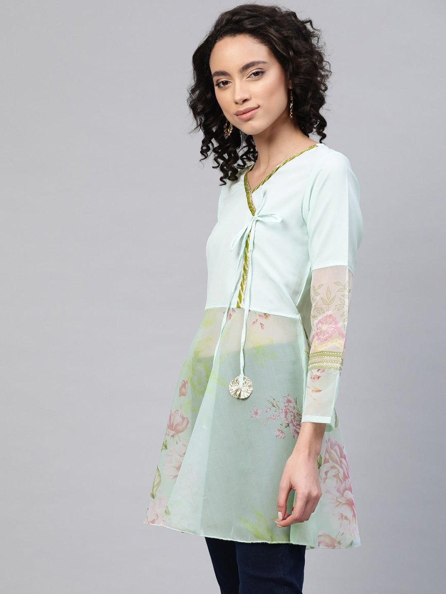 Ahalyaa Women Sea Green & Pink Floral Print Semi-Sheer Angrakha Tunic
