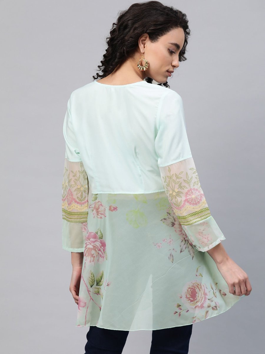 Ahalyaa Women Sea Green & Pink Floral Print Semi-Sheer Angrakha Tunic